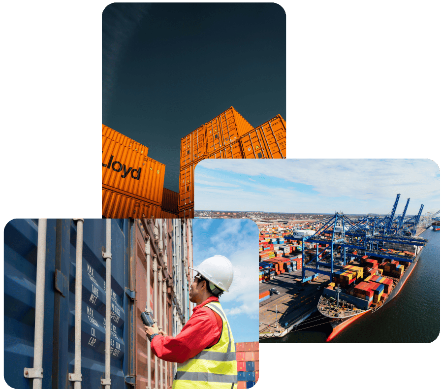 Modern shipping containers and cargo ship at port